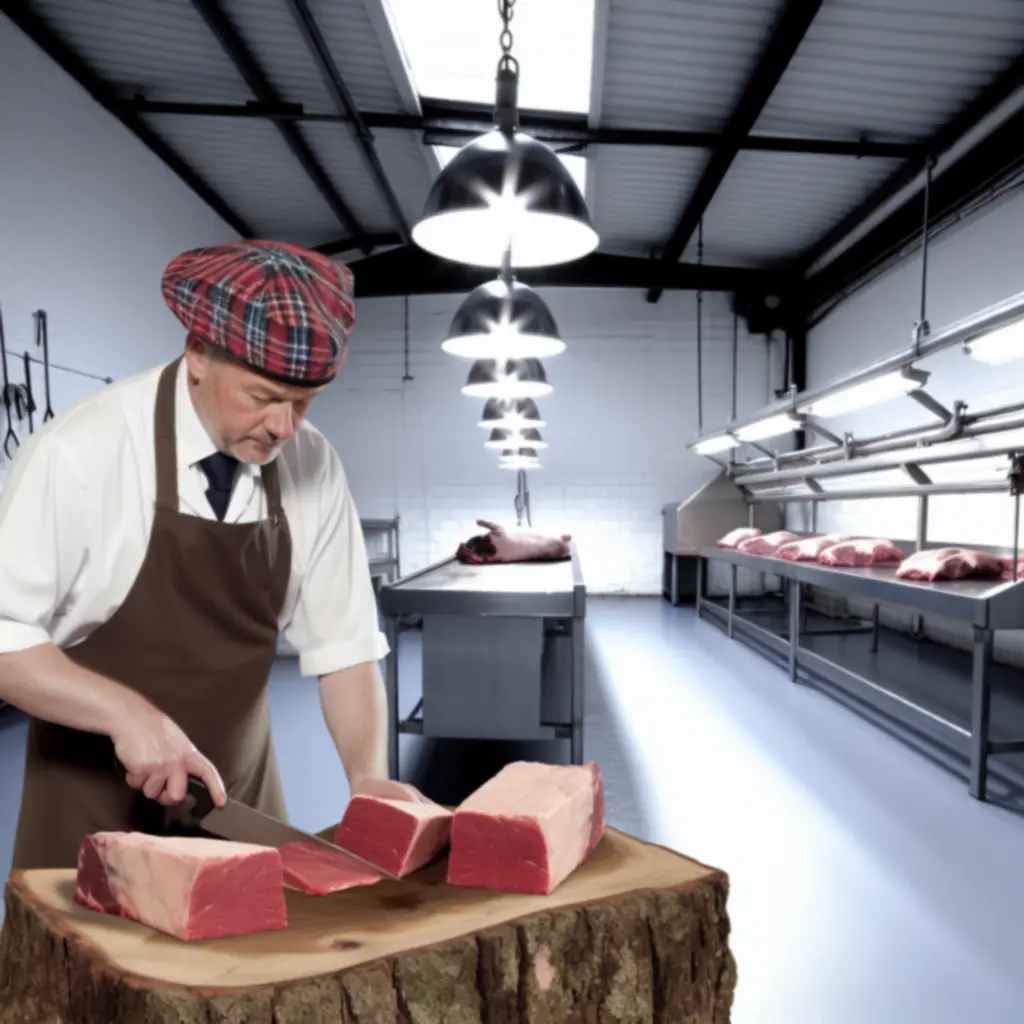 An artisan butcher processing meat using professional tools.