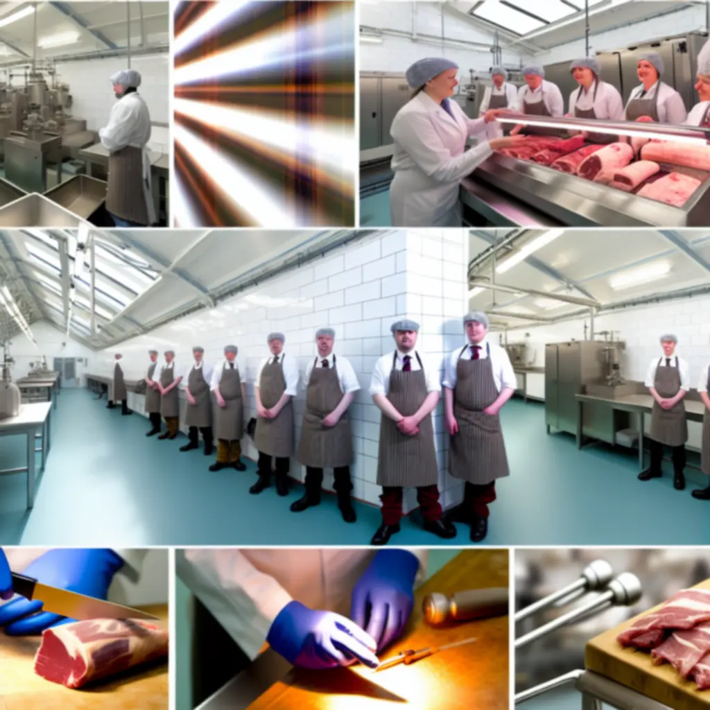 Artisan Scottish meat production facility with expert butchers working on a hygienic line.