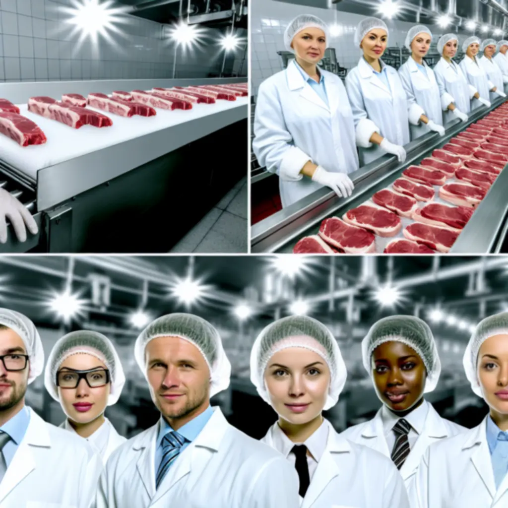A chilled meat processing line inside a controlled facility.