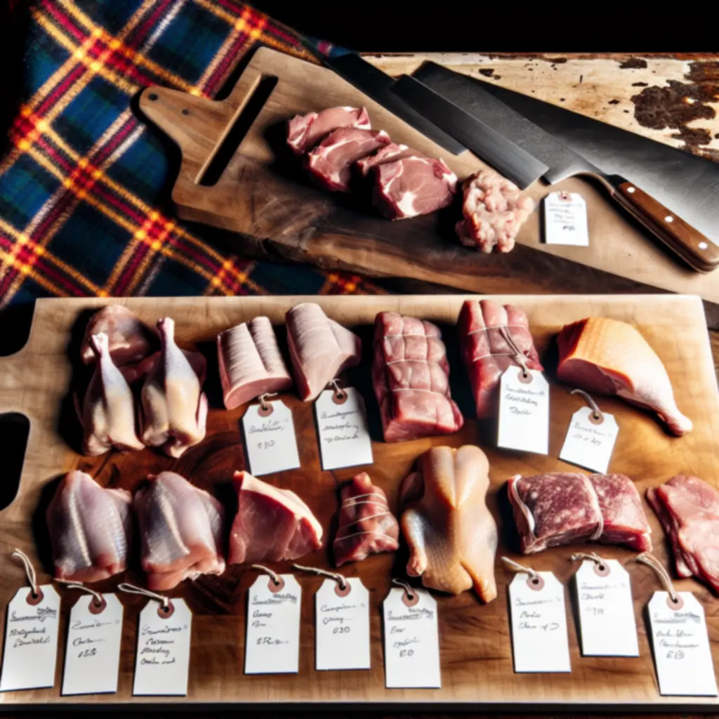 Selection of fresh Scottish meat cuts displayed on a rustic board.