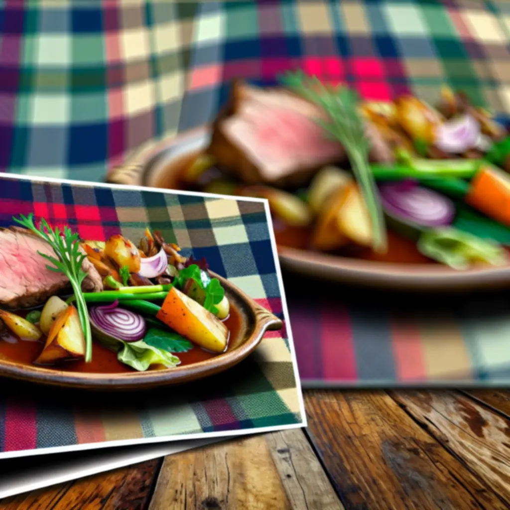 Beautifully plated Scottish meat dish with seasonal vegetables on a rustic table.