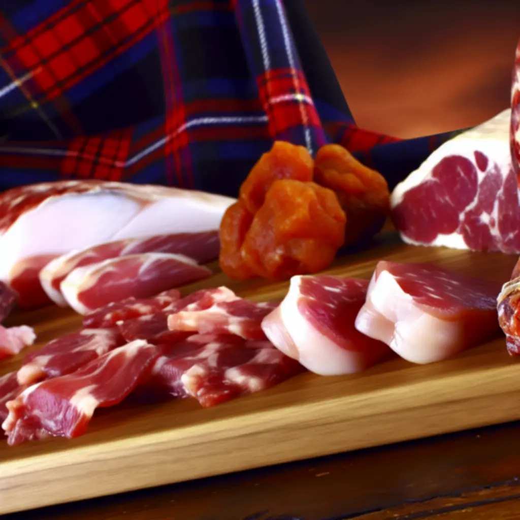 Selection of premium Scottish meat cuts presented on a rustic wooden board