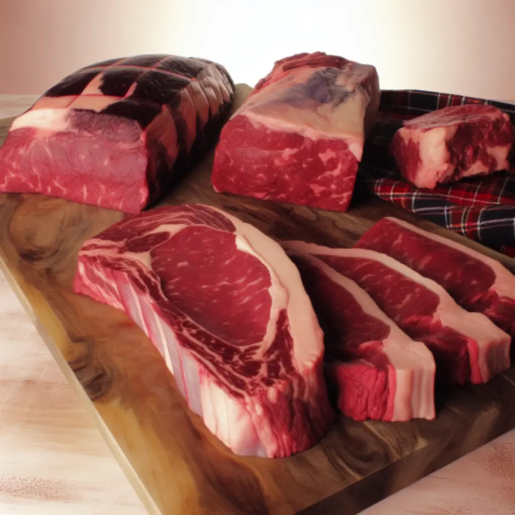 Selection of premium Scottish beef cuts prepared on a wooden board