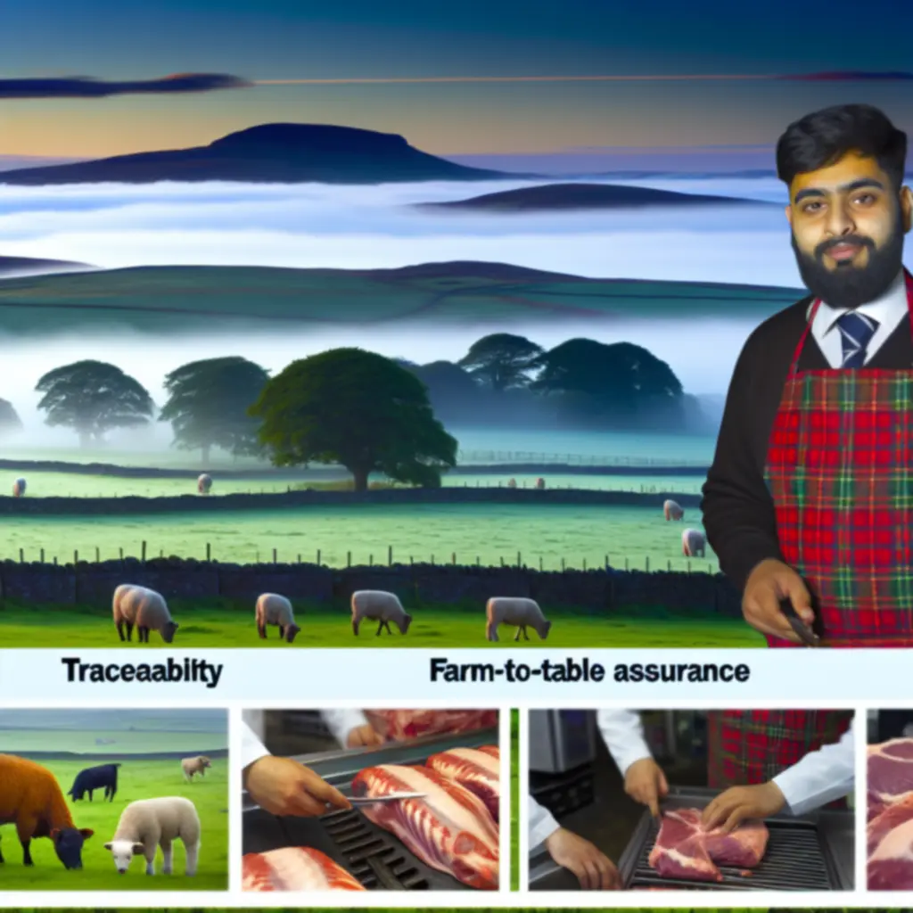 Lush Scottish farmland leading towards a modern meat processing facility.