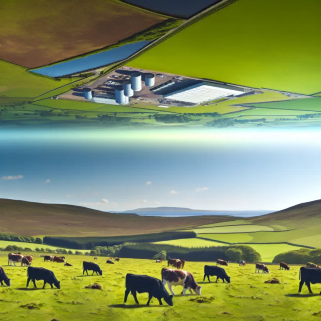 Scottish farmland and meat production facility representing full traceability