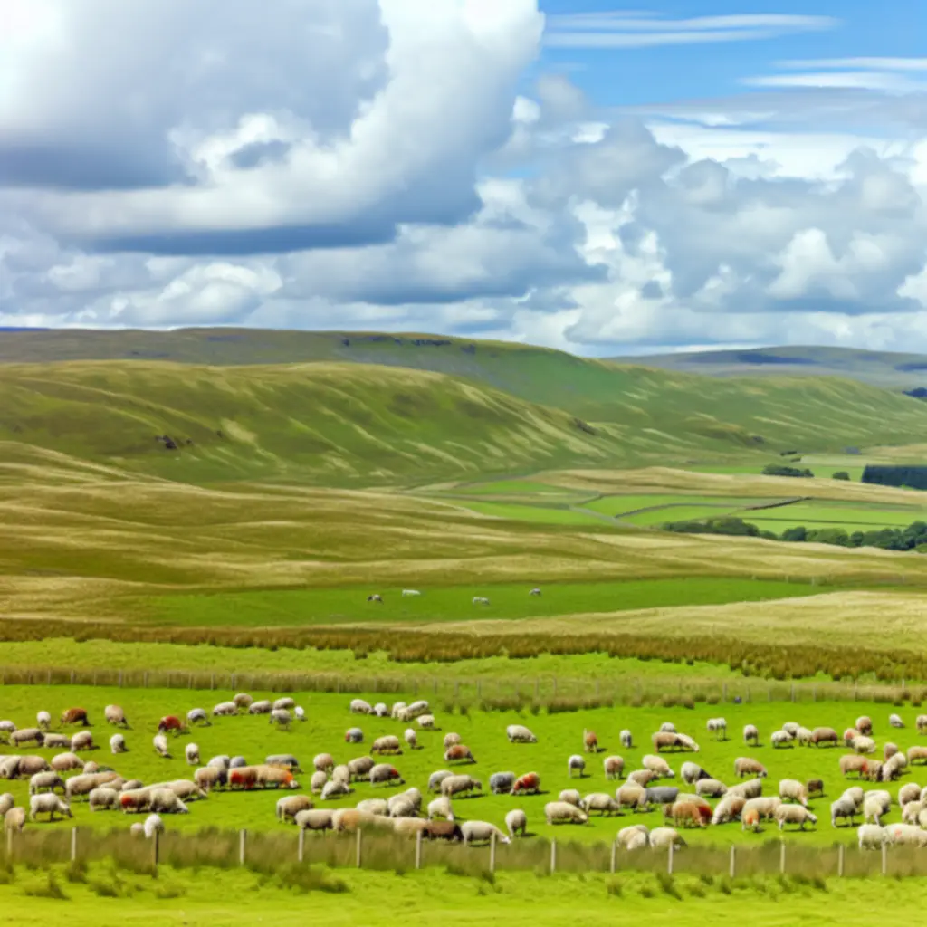 Scottish farmland with a flock of animals, representing the origin of quality meat production.