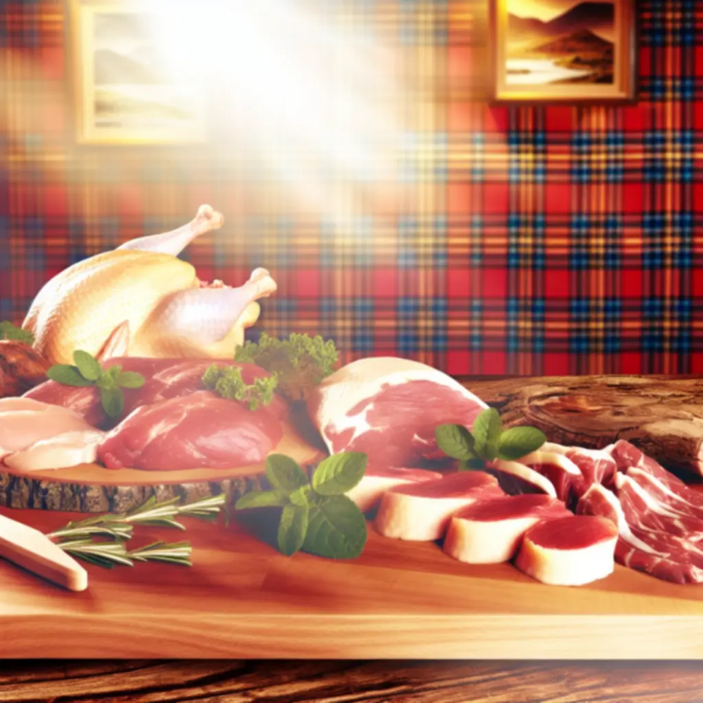An appetising spread of premium Scottish meat cuts prepared on a rustic wooden board.