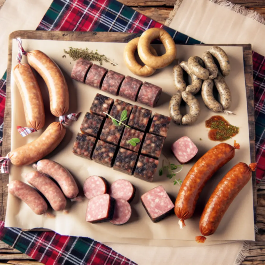 Display of assorted Scottish sausages on a butcher's counter.