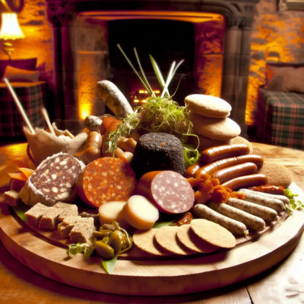 Display of specialty Scottish meat products including sausages and black pudding