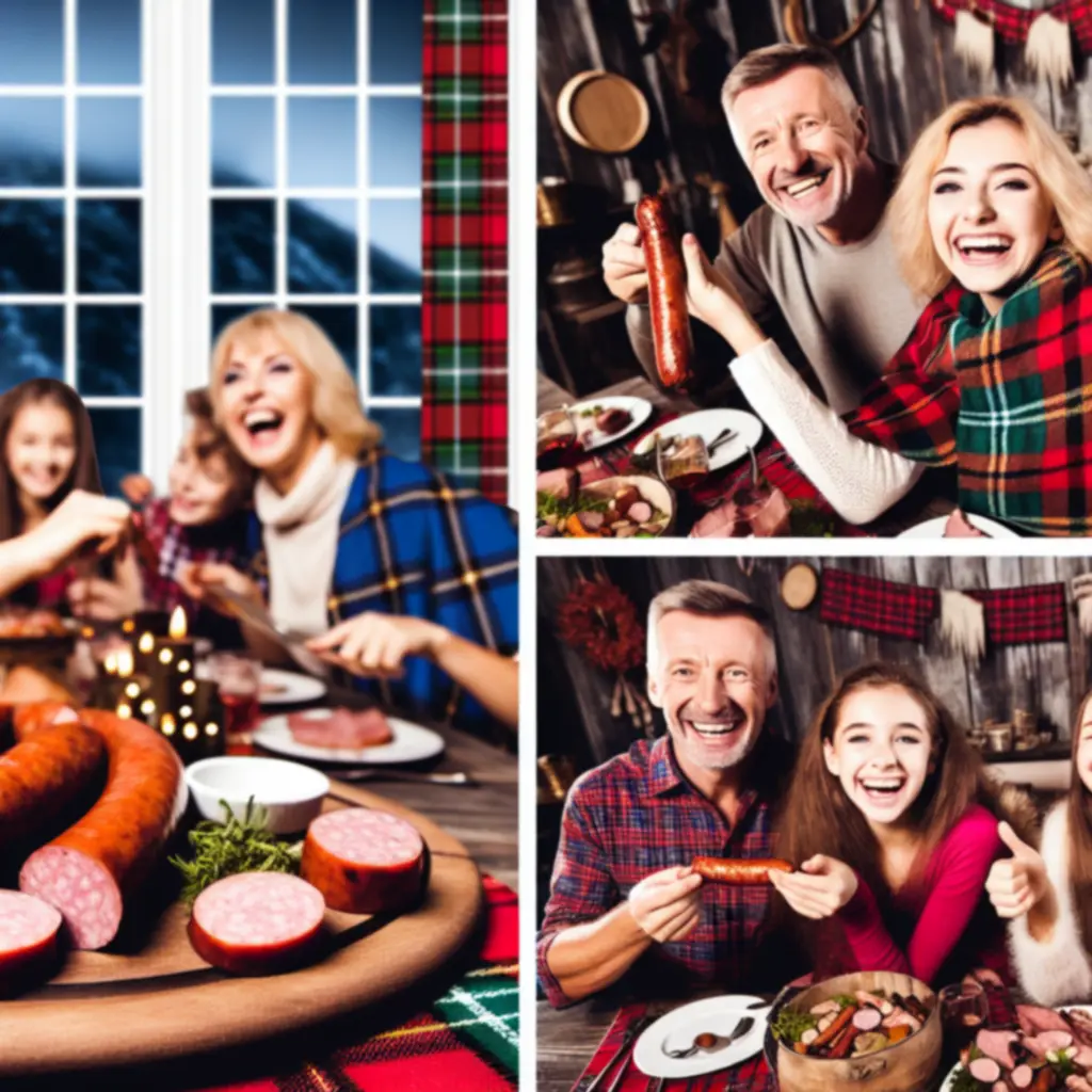 Scottish family sharing a meal featuring roast meat at a warm dining table.